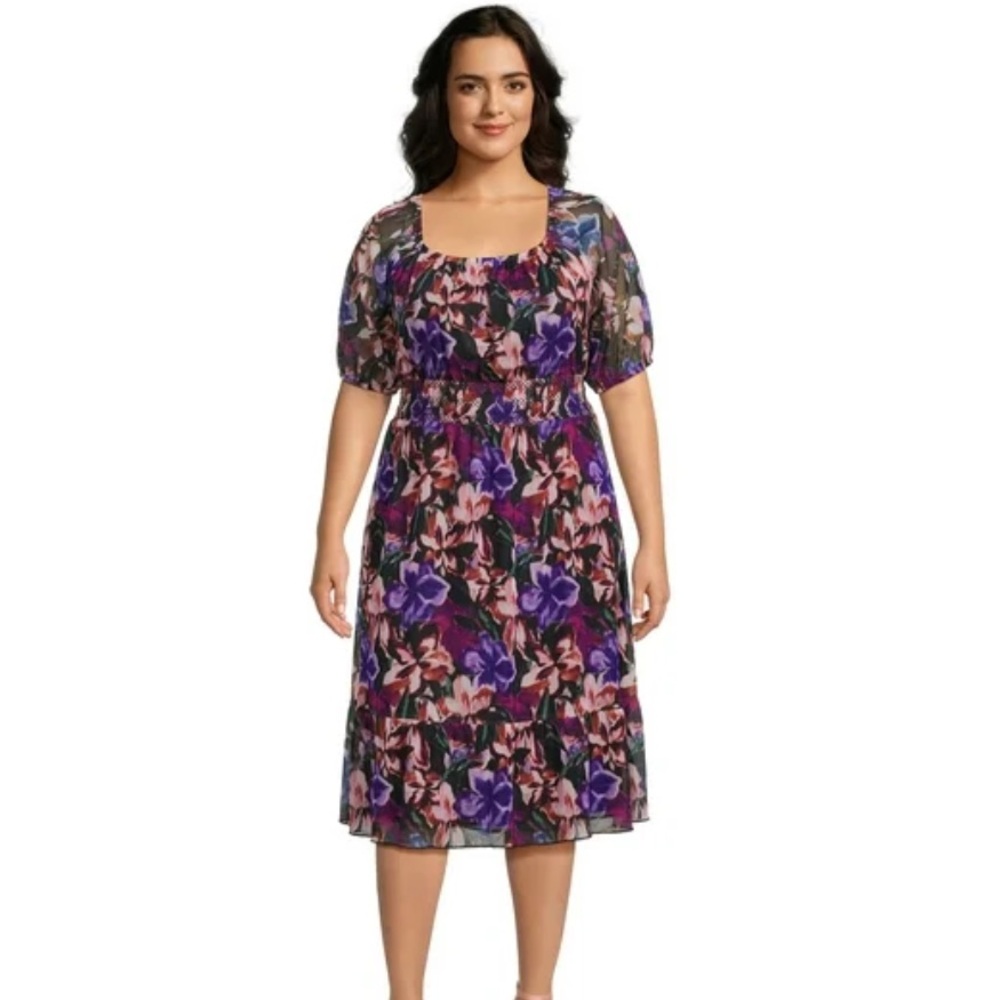 Terra & Sky Dress Women 2X Black Purple Pink Floral Round Neck Chiffon Brunch